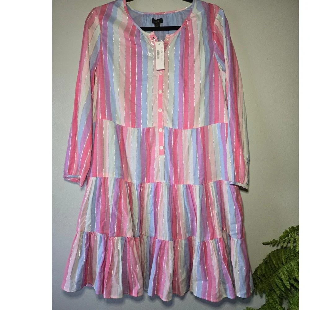 J Crew NWT Pink Striped Tiered Dress Metallic Detail Babydoll Cottagecore Medium